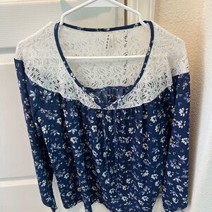 Roper Navy Floral Lace Blouse